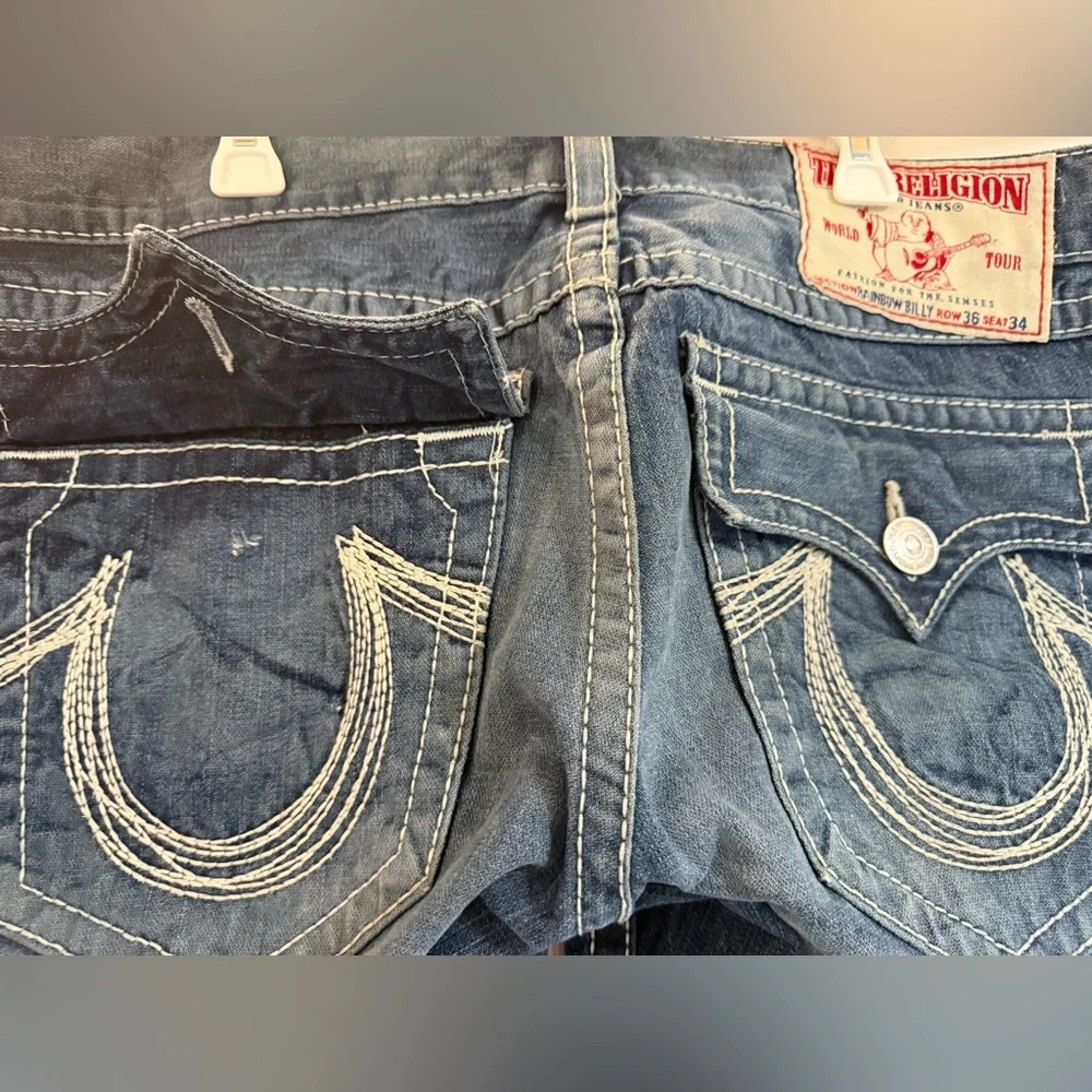 True Religion Jeans Shorts Men’s Sz 36 Flap Pockets Made In USA Distressed *Flaw